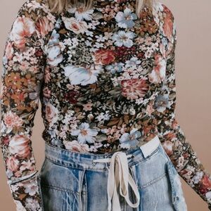 Floral Long Sleeve Women's Mesh Top